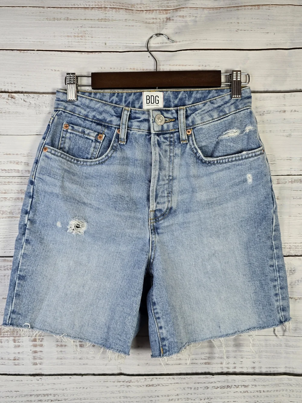 BDG 90s Long Inseam Denim Shorts‎ Size 27 Distressed High Rise Cutoff